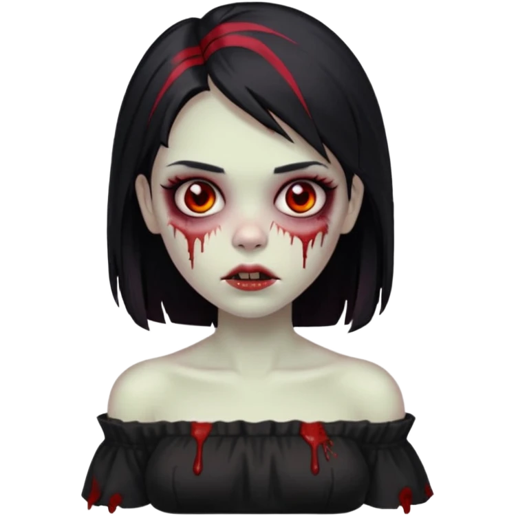 Garota zumbi com cabelo liso e mechas vermelhas na lateral da cabeça dos dois lados, usando uma blusa com manga caida preta emoji