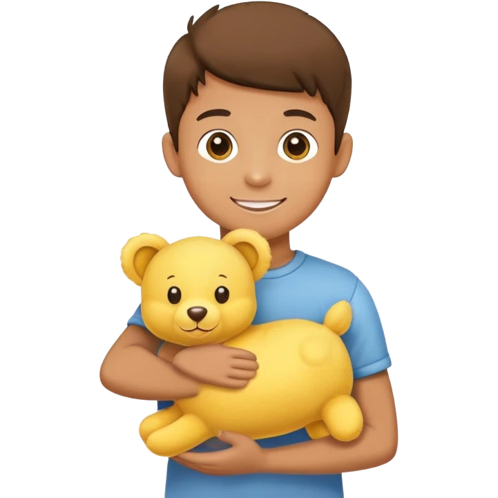 Yellow stuffed animal being held by a happy boy emoji