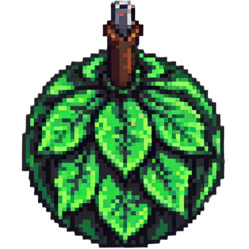 Green digital bomb with leaf-shaped fuse at the top, round black bomb body with green accents, pixel art style emoji