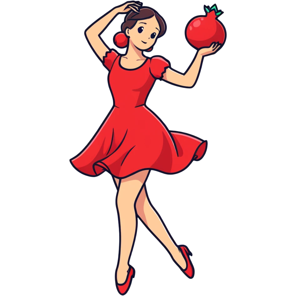 A girl with red dress dancing on the Persian carpet with pomegranate  emoji