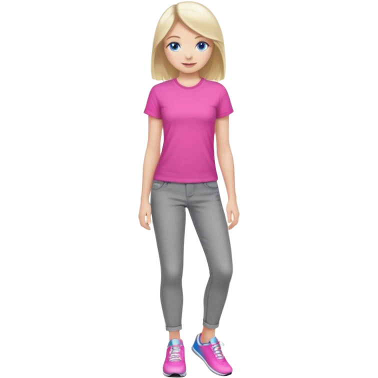 beautiful girl with fair hair, blue eyes, in a vivid pink shirt, grey jeans and white trainers emoji