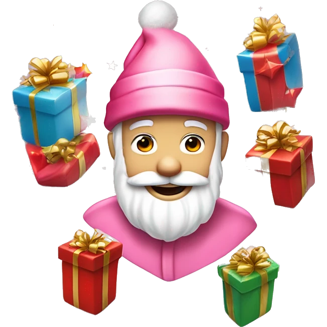 ￼ Santa Claus carried by pink elves surrounded by bright gifts with neide and red stars emoji