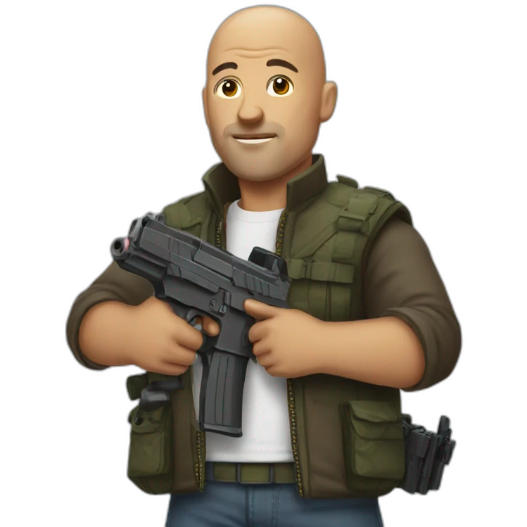 bald man with a gun and a dog emoji