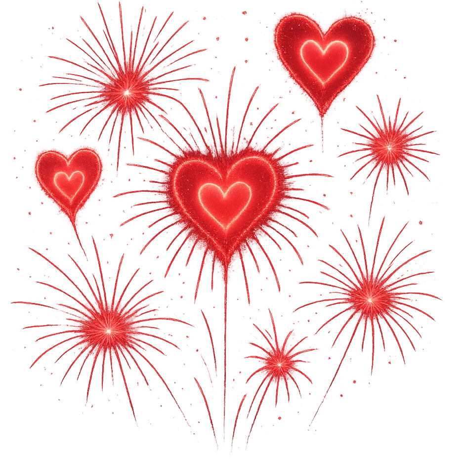romantic fireworks with heart shapes, no background emoji