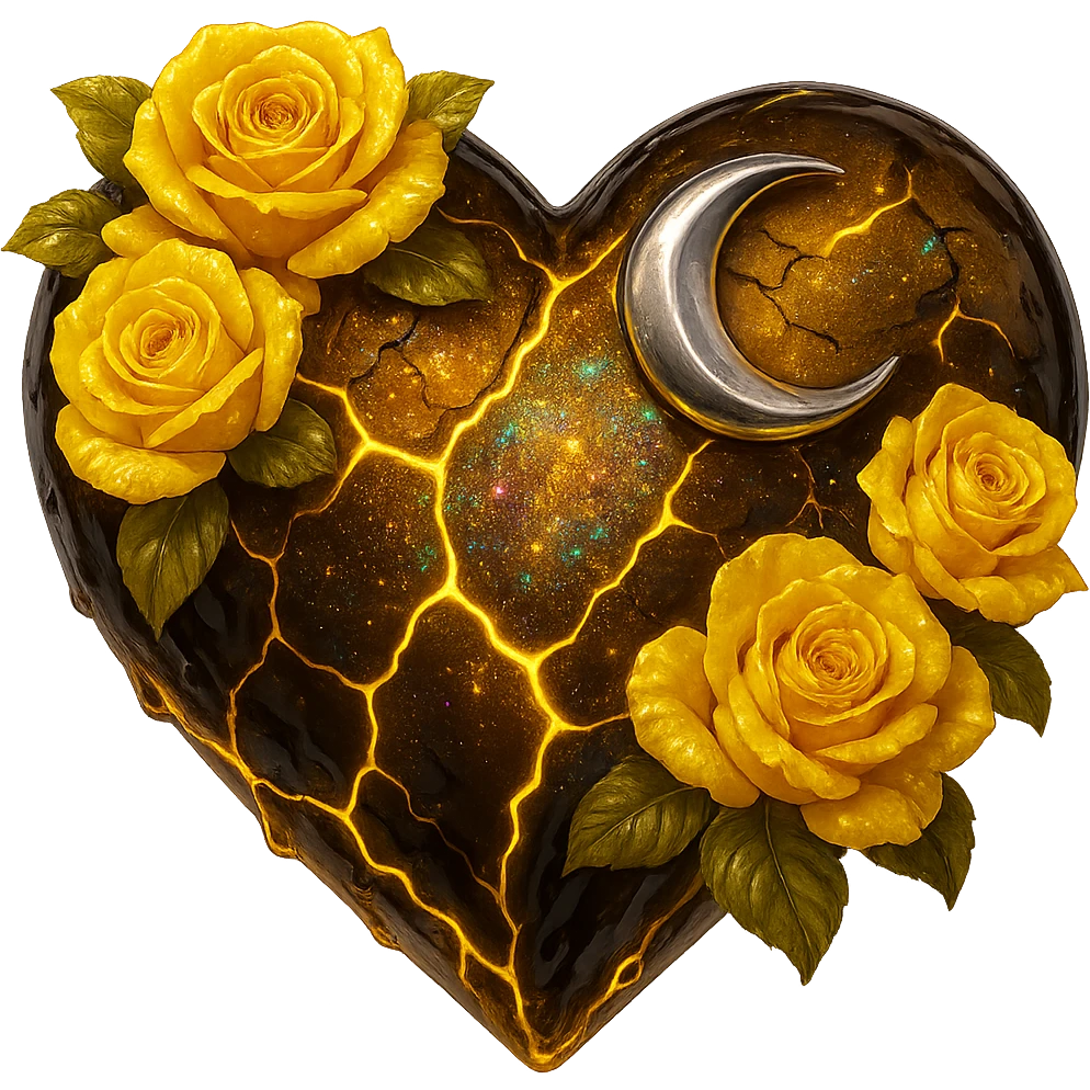 Edit the gothic heart to have cracked deep yellow glass, a silver crescent moon, yellow roses, shimmering holographic stardust, neon lightning accents, and a glossy wet appearance. Keep the background transparent. The style should maintain the gothic heart's original aesthetic with these new elements. emoji
