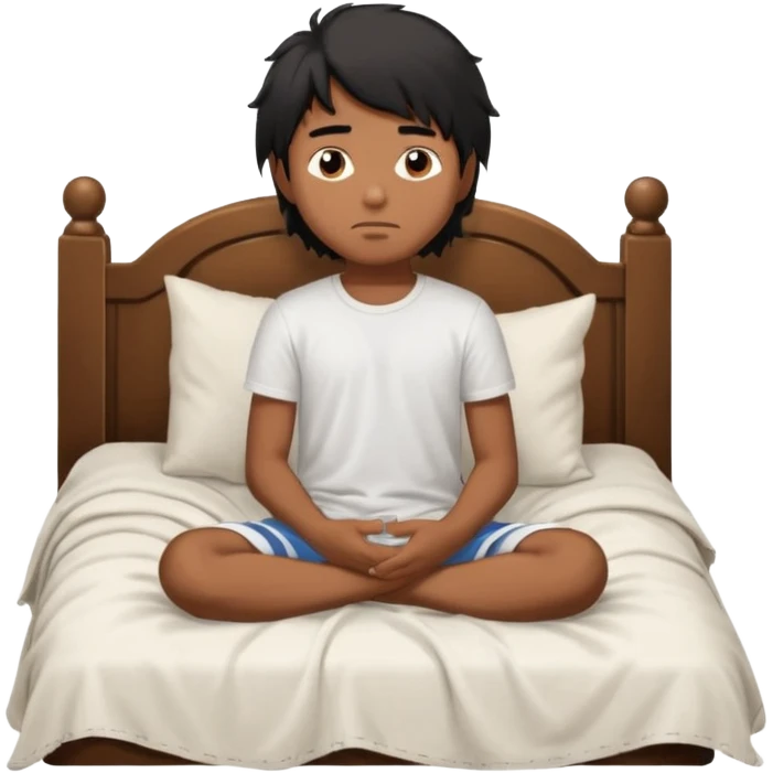 generate a pretty bratz brown skinned boy with black messy long hair wearing a white tshirt sitting in his in bed. Looking sleepy emoji