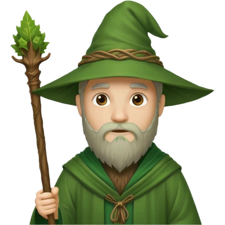 Forest Wizard – green robe, wooden staff, leafy beard emoji