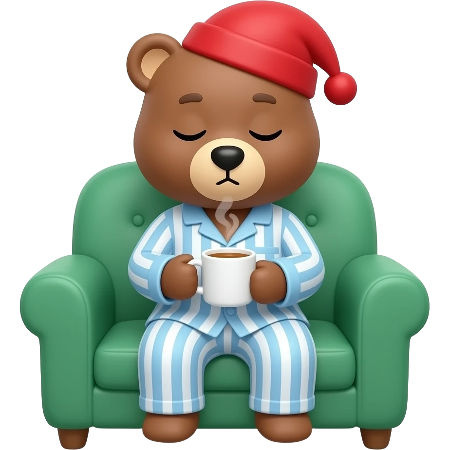 Three quarters angle of an anthropomorphic Sleepy bear in green sofa chair holding a cup of hot tea depicted in a long light blue and white striped nightshirt and red nightcap with a red Pom Pom at the end of it emoji