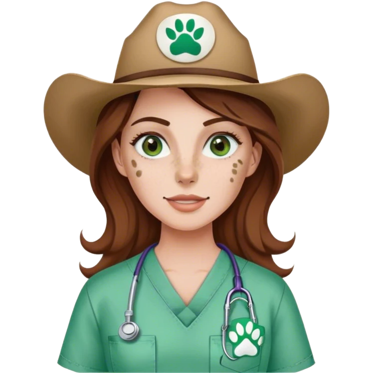 Pale Woman with brown hair and green eyes and freckles on her cheek bones wearing scrubs that have a paw print logo on only the scrubs  and a cow girl hat emoji