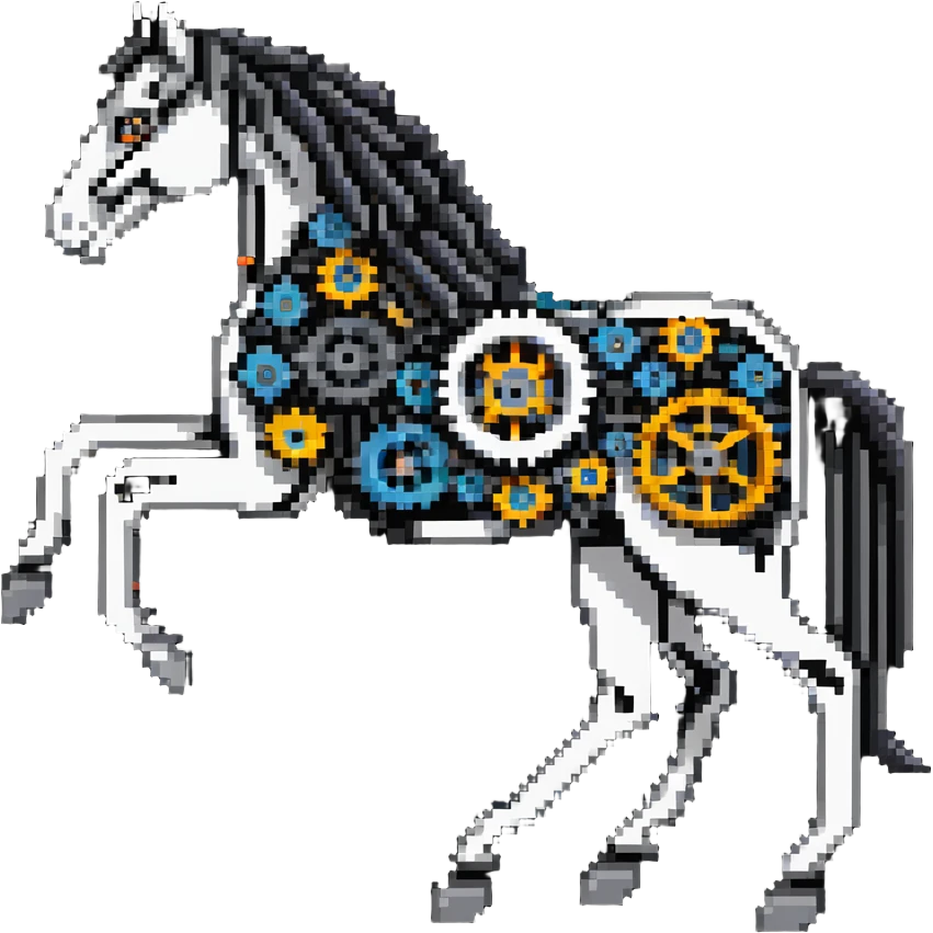 Horse constructed from mechanical parts, gears, cogs, wires, and ropes, steampunk aesthetic emoji