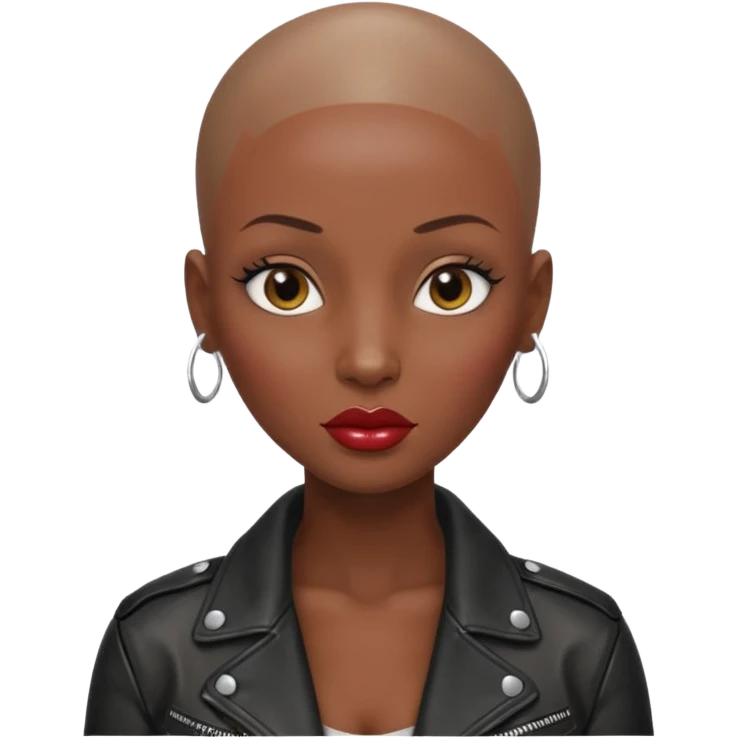 Gorgeous woman shiny , shaved half head no eyebrows leather jacket Alluring black woman wide nose bald head big glossy lips emoji
