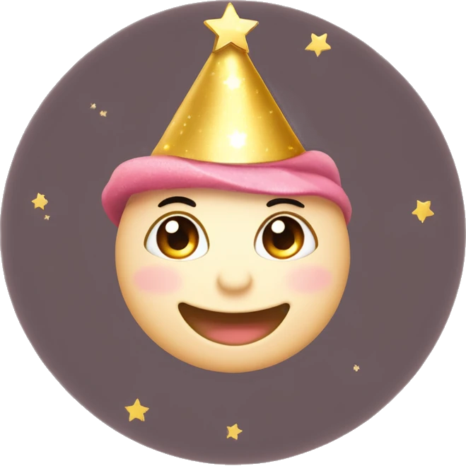 Happy face emoji: A round face, big warm smile, sparkling moon eyes. Eyebrows arched to express good humor, little gold stars near the eyes for a magical touch. Colored party hat slightly askew, rosy cheeks for a cute effect. WHITE ET ONLY A FACE emoji