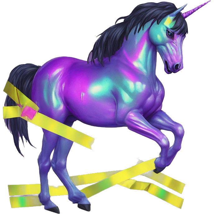 .Zombie_ Vaporwave black holographic oilslick zombie unicorn yellow caution tape graffiti Pegasus  emoji