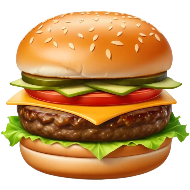 Cinematic juicy cheeseburger, perfectly grilled patty, melted cheese, crisp lettuce, tomatoes, and pickles, soft sesame seed bun, glossy and rich, warm glowing background, ultra-detailed and appetizing. emoji