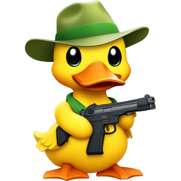 Create a cute yellow duck wearing a hat with the Polyhedra Network logo. The duck is holding a playful toy gun, with a cheerful expression. The style should be colorful and adorable, emphasizing a friendly and fun vibe.  emoji