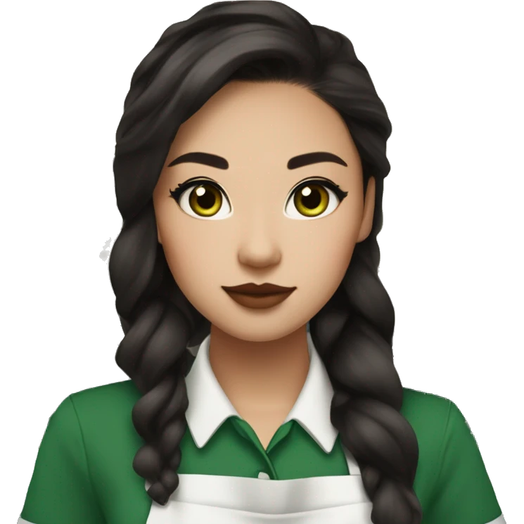 Beautiful and fashionable half white half asian starbucks barista with green apron, long dark brown hair and cat eye makeup and light glossy lips and blush emoji
