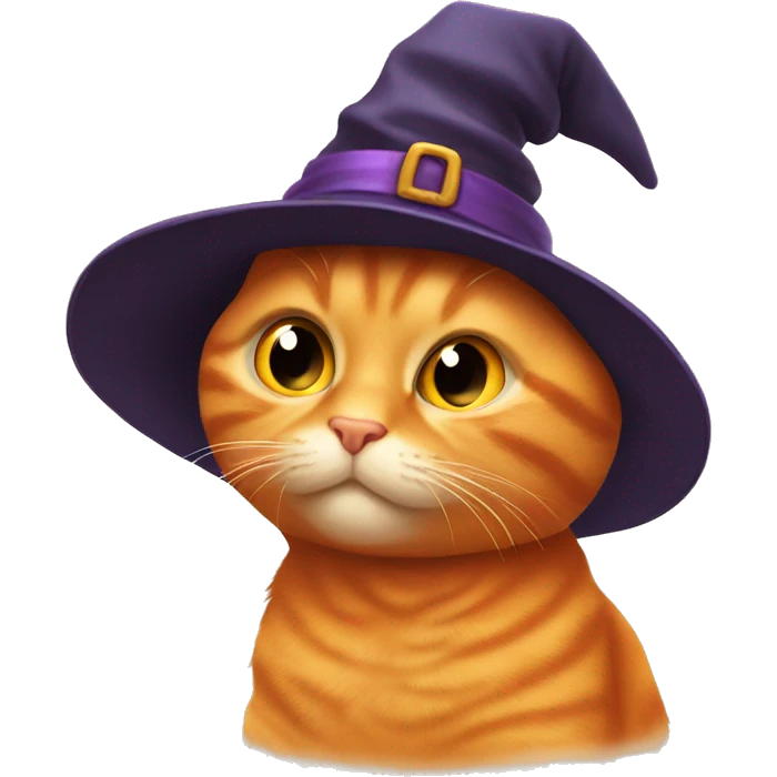 Orange cat wearing a witch hat thinking about cookies emoji