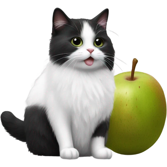 black and white, fluffy cat with kiwi fruit emoji