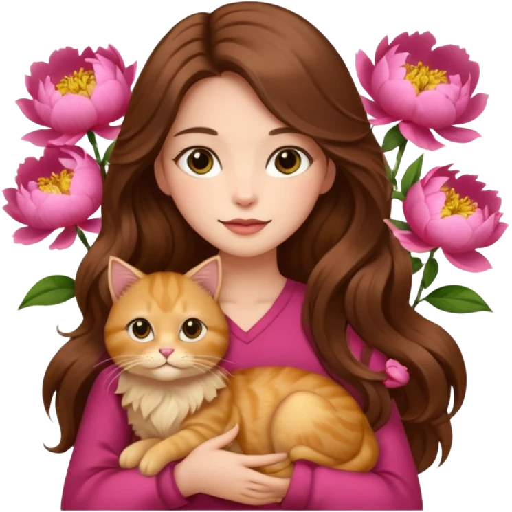 pretty woman a long hair brown color holding a cat fluffy golden in a peony emoji