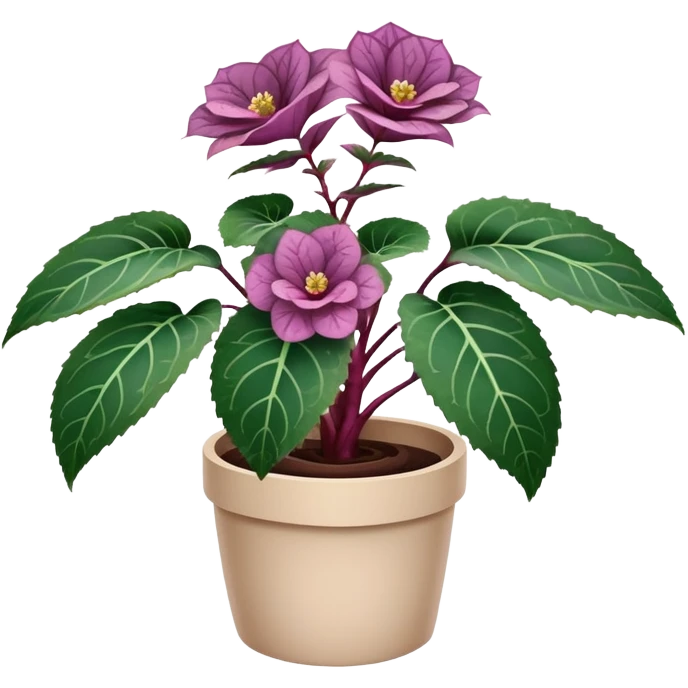 Begonia Rex plant in beige pot with only foliage, no flowers. Each leaf has dark green color, purple edges, white spots in middle, and clear spiral pattern at center where leaf grows emoji