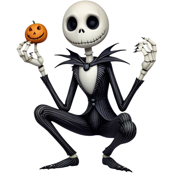 Full body view Cinematic 3D ultra realistic 32K HD image of Jack skellington squatting, stunning detail as though captured in a timeless photograph, rich textures, visually rich, so lifelike that it feels like it could leap off the page at any moment emoji