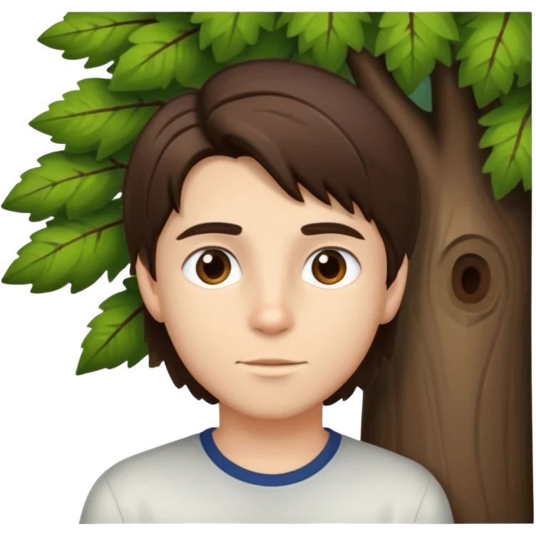 boy with straight brunette hair brown eyes and tree behind emoji