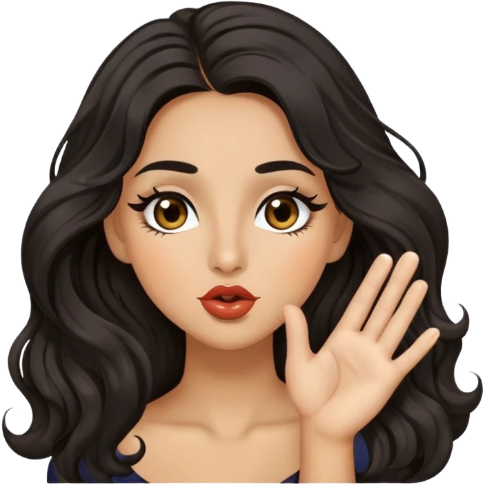 woman with olive skin, brown eyes and long lashes, and long black wavy hair blowing a kiss emoji