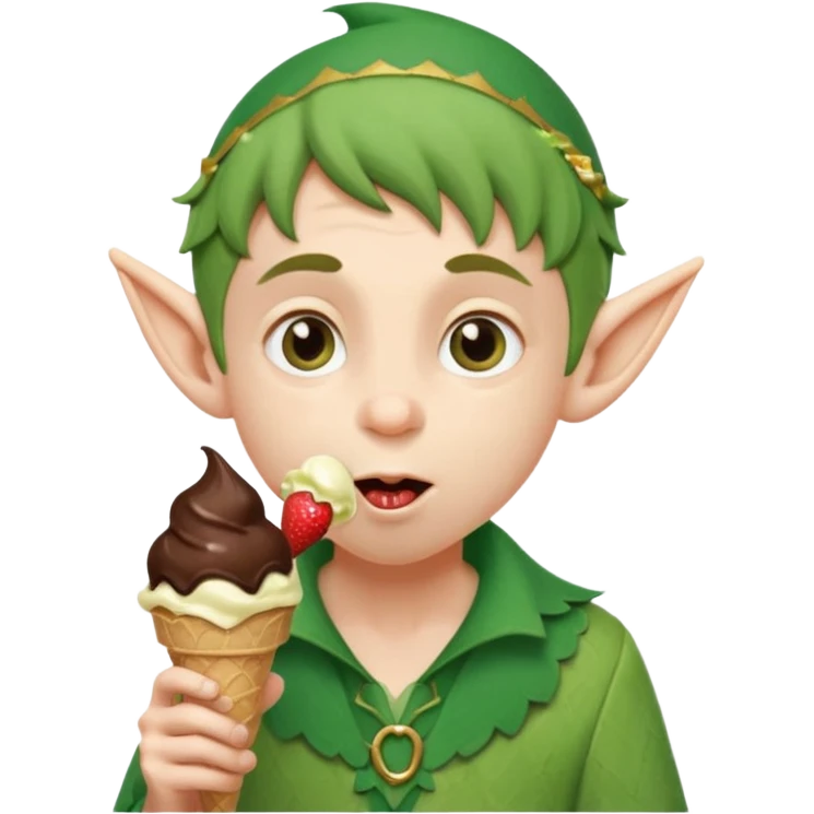 
A young elf boy in leafy clothes licking a triple-scoop ice cream with wide eyes.

 emoji