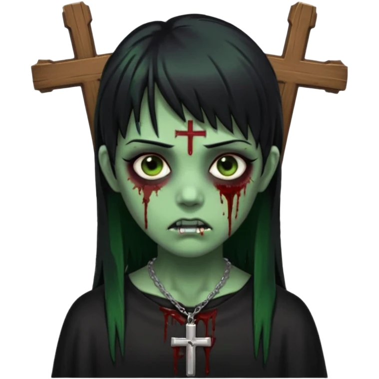 Zumbi verde com olhos castanhos aspecto de que tá sangrando, uma franja reta com cabelo preto um piercing do lado esquerdo do nariz, roupa preta e crucifixo como colar, e também delineador emoji