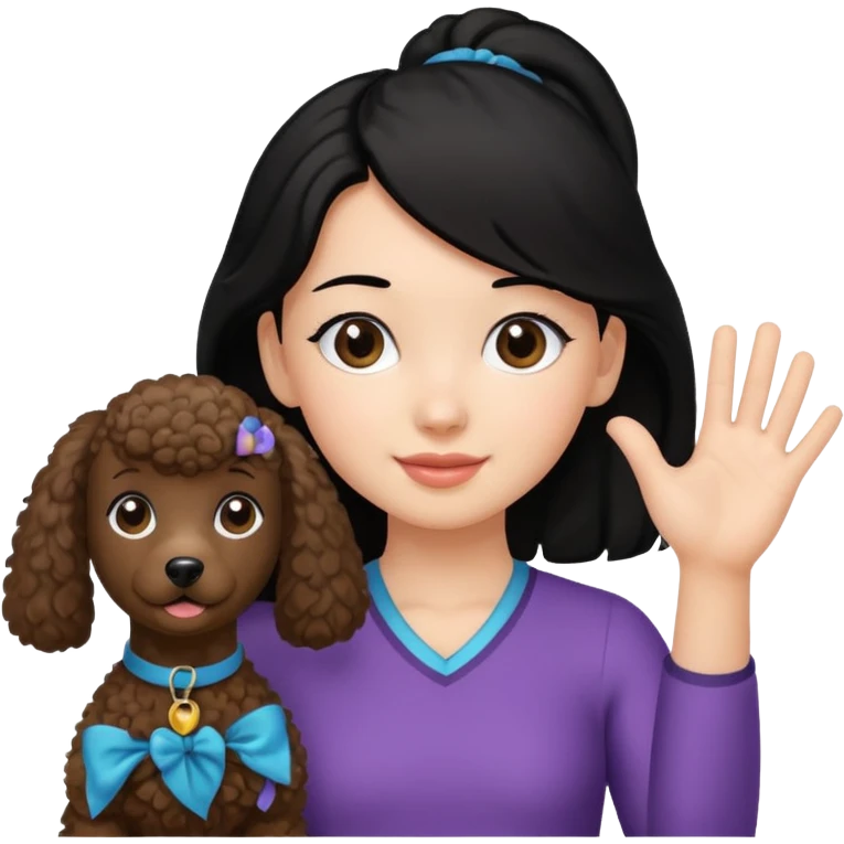 Ponytail black hair girl with brown Poodle say goodbye  emoji