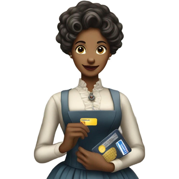 galora waitress galora in Victorian dress elegant, full body, holding big credit card emoji