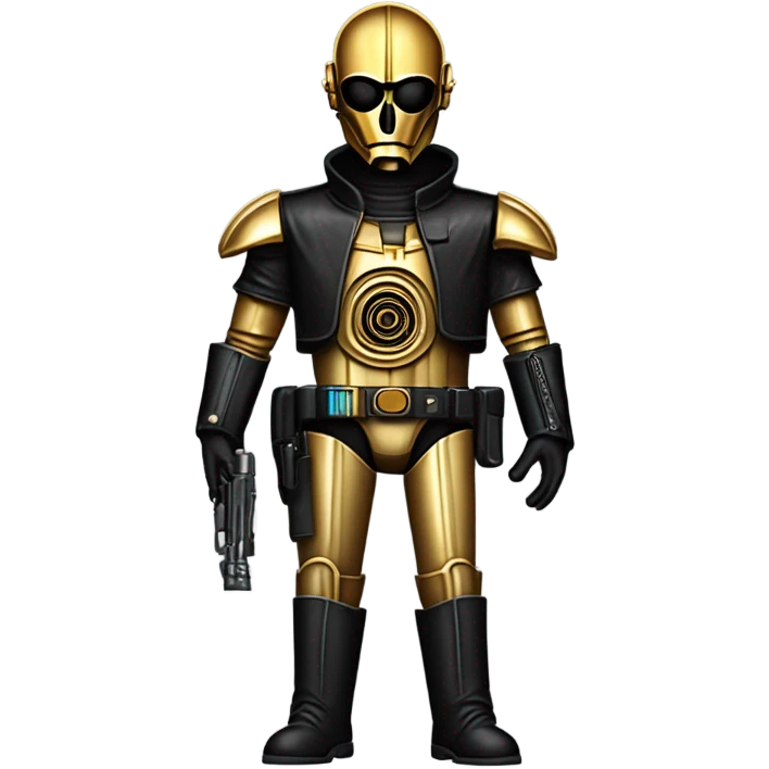 battle rough and tough bounty hunter c3Po wearing Satan’s leather outfit with guns and flat-brimmed hat on head. walking emoji
