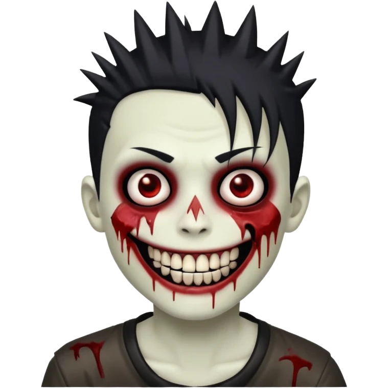 zombie boy with emo spiky hair, white skin, and white eyes; an open smile, and bloodied teeth; emoji