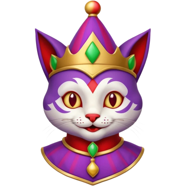 crazy colorful cute little cat jolly joker from poker, medieval, vintage, court jester, mac os icon, purple and red color, gold inserts, half body emoji
