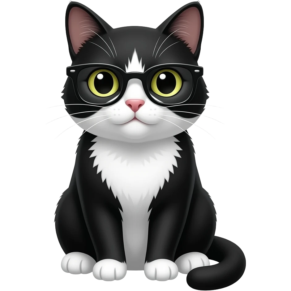 black and white cat sitting pose wear glasses fornt viw emoji