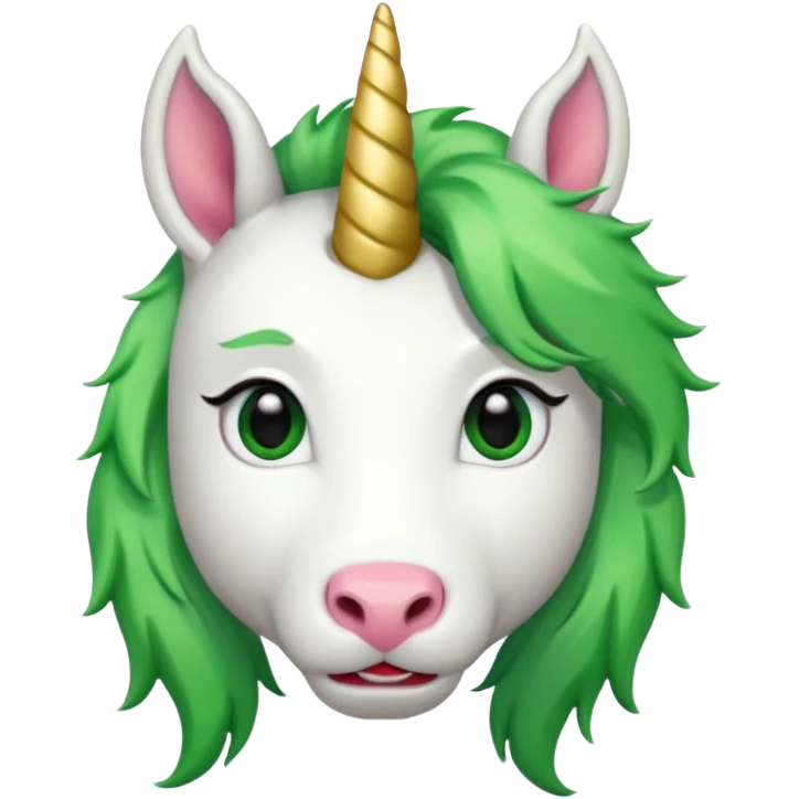 white furred unicorn with green hair and big red earrings looking into camera emoji