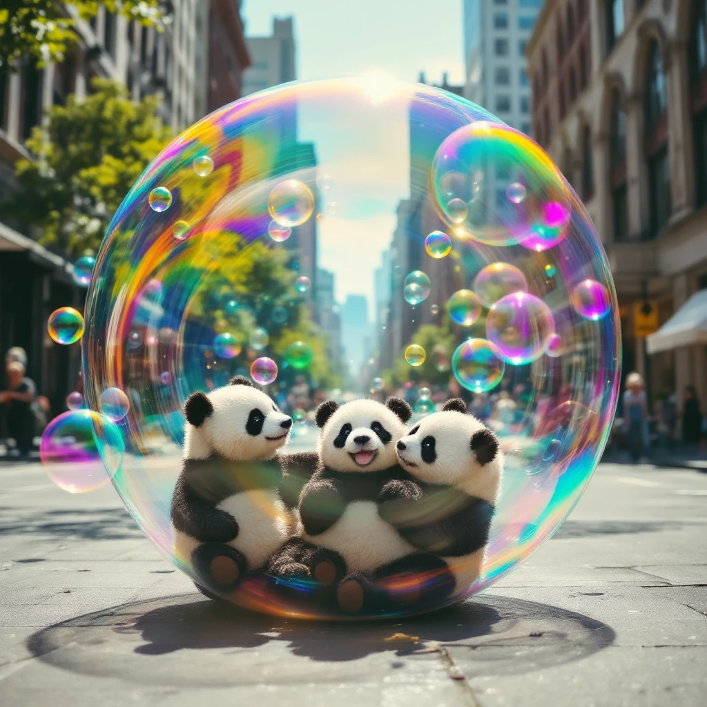 Cinematic still pandas bears sitting inside bubbles flying around San Francisco downtown, sunny summer day, happy vibe, colorfull surround, rainbow emoji
