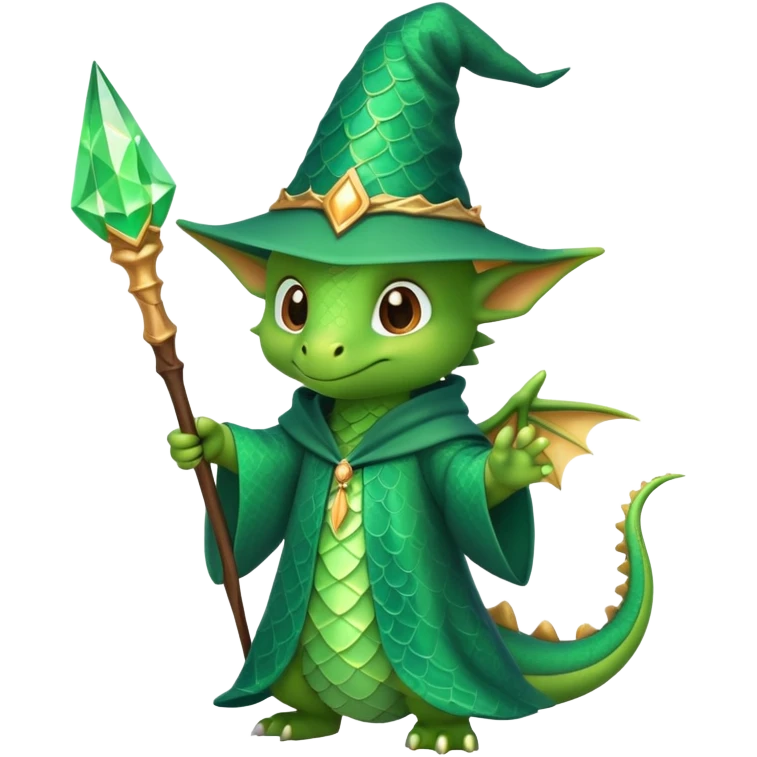 A cute dragon wearing a pointed wizard hat and robes, holding a magic wand emoji