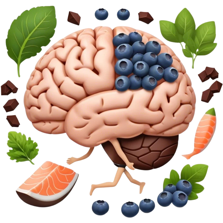 brain surrounded by healthy lifestyle choices, exercising, salmon, dark chocolate, blueberries, seeds, leafy greens . brain booster emoji