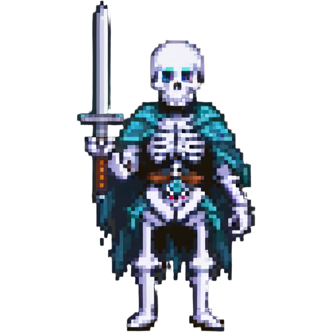 pixel art skeleton holding a sword, simple and clear design emoji