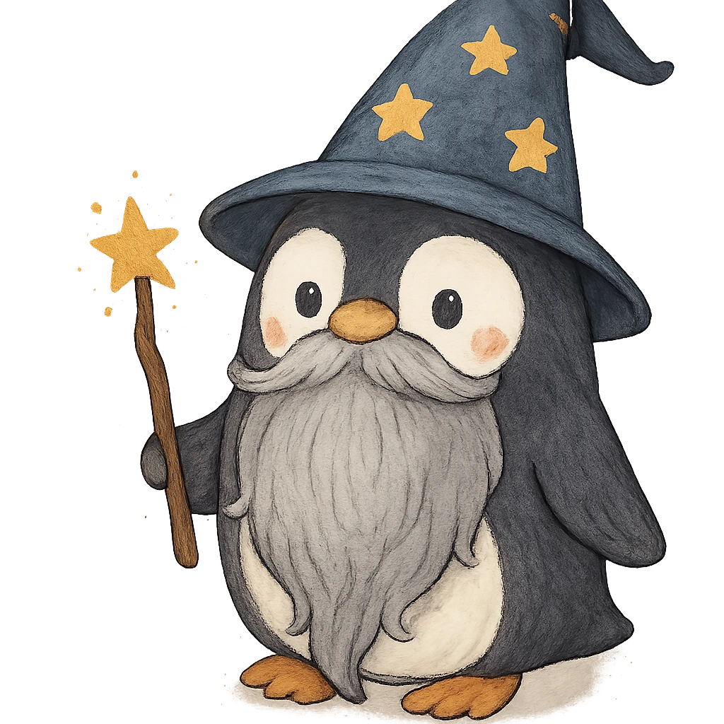 cute penguin wizard with a long beard and a pointy hat emoji