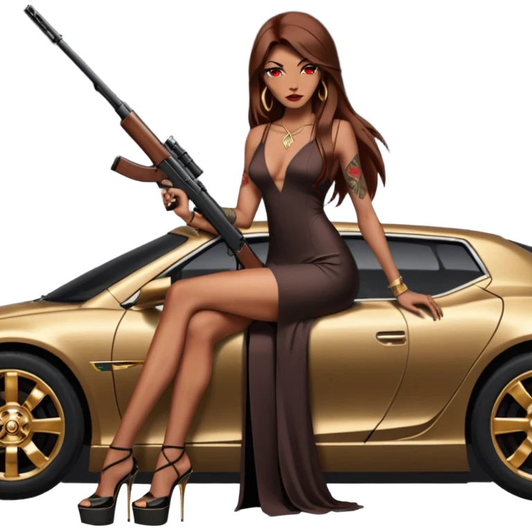 Lilith tan skinfemale red eyes symbol. Tattoo arms. Her hair is brown straight long hair.wearing sexy long elegant dress with slit. black stiletto thick platform high heels shoes on. Sitting on gold giant luxury car with cash inside . She is holding a sniper rifle in one hand cash in other hand emoji