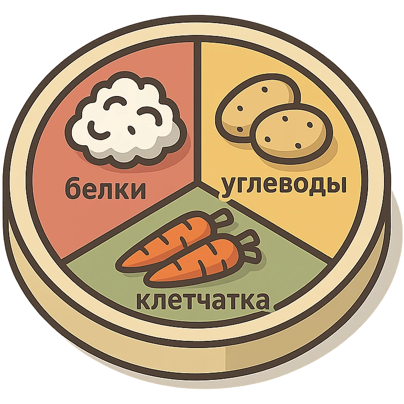Гарвардская тарелка с тремя секциями, 2d-isometric стиль, с тенями и бликами, без руки, чистый фон. В секции белки — контурный творог, в секции углеводы — контурный картофель, в секции клетчатка — контурная морковь. Подписи по-русски: белки, углеводы, клетчатка. emoji