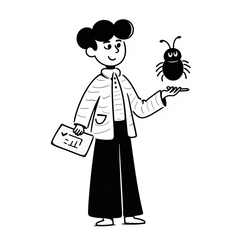 professional QA engineer character holding a clipboard and a bug icon emoji
