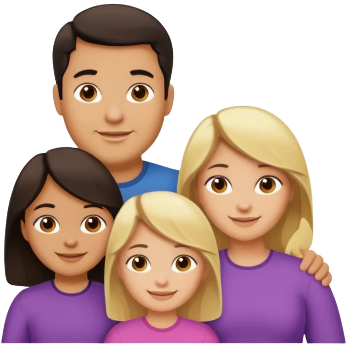 Familia de 4 personas sonriendo: Hombre gordito pelo oscuro, Mujer pelo cafe, hija 1 pelo mono e hija 2 pelo oscuro.sólo 4 personas. emoji