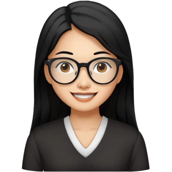 medium tan asian woman with long black hair past middle of back, round brown eyes, white v neck blouse. she has black  square frame glasses on and smiling with no teeth emoji