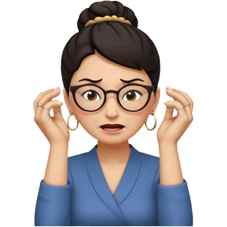  middle aged woman with dark hair pulled up in a high bun, wearing round ring earrings and glasses with a very painful expression on her face, eyes squeeed shut, wincing in pain,covering her ears with her hands, trying to not hear a terribly loud noise emoji