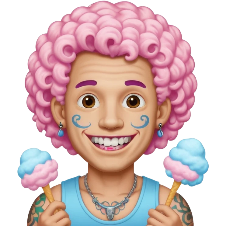 very cheerful colorful puffy curly haired man made out of cotton candy wearing teeth-braces and tattoos and face tattoos just face  emoji