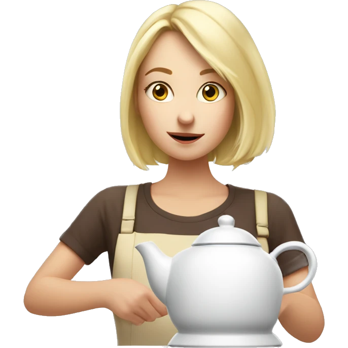 Blonde girl making tea with a white kettle she looks amazed emoji