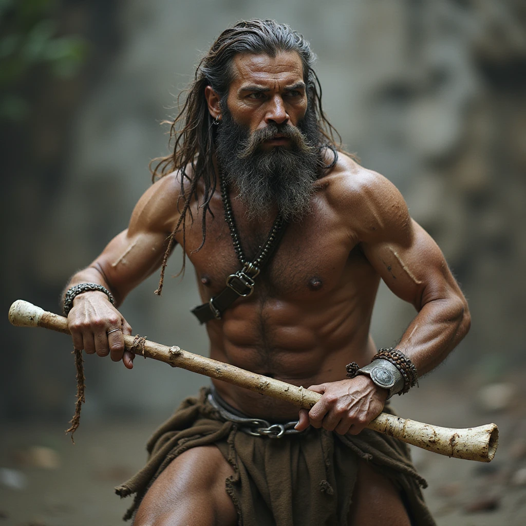 prehistoric human wielding a bone weapon, rugged look, photorealistic style emoji